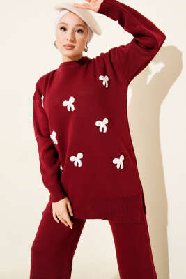 Fiyonk Desenli İncili Triko İkili Takım Bordo - SUDE NAZ