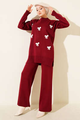 Fiyonk Desenli İncili Triko İkili Takım Bordo - İkili Takım