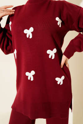 Fiyonk Desenli İncili Triko İkili Takım Bordo - İkili Takım