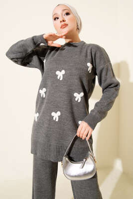 Fiyonk Desenli İncili Triko İkili Takım Füme - İkili Takım