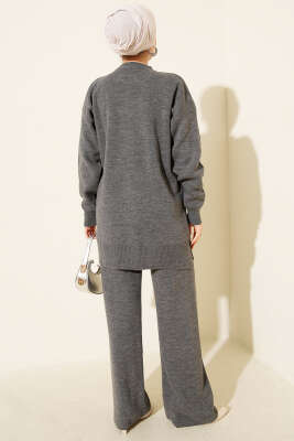 Fiyonk Desenli İncili Triko İkili Takım Füme - İkili Takım