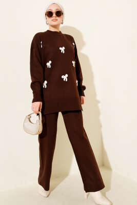Fiyonk Desenli İncili Triko İkili Takım Kahve - İkili Takım