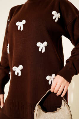 Fiyonk Desenli İncili Triko İkili Takım Kahve - İkili Takım