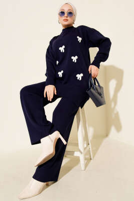 Fiyonk Desenli İncili Triko İkili Takım Lacivert - SUDE NAZ