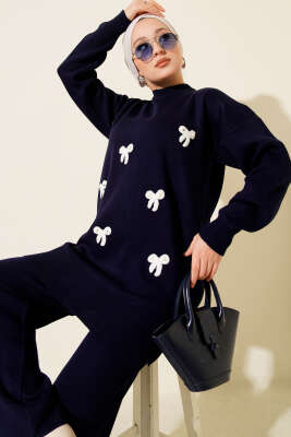 Fiyonk Desenli İncili Triko İkili Takım Lacivert - İkili Takım