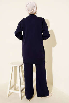 Fiyonk Desenli İncili Triko İkili Takım Lacivert - İkili Takım