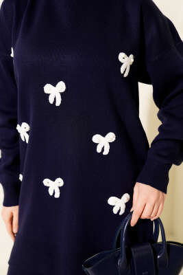 Fiyonk Desenli İncili Triko İkili Takım Lacivert - İkili Takım