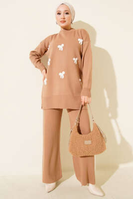 Fiyonk Desenli İncili Triko İkili Takım Latte - İkili Takım