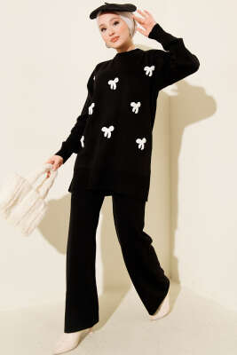 Fiyonk Desenli İncili Triko İkili Takım Siyah - SUDE NAZ