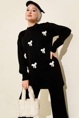 Fiyonk Desenli İncili Triko İkili Takım Siyah - İkili Takım