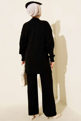 Fiyonk Desenli İncili Triko İkili Takım Siyah - İkili Takım