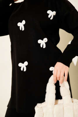 Fiyonk Desenli İncili Triko İkili Takım Siyah - İkili Takım