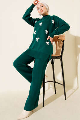 Fiyonk Desenli İncili Triko İkili Takım Zümrüt - SUDE NAZ