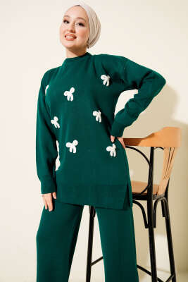 Fiyonk Desenli İncili Triko İkili Takım Zümrüt - İkili Takım