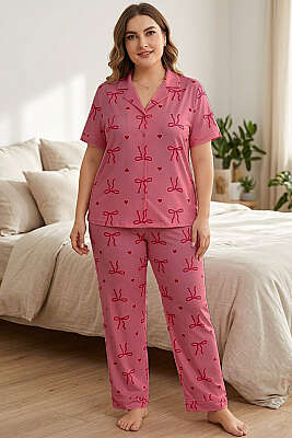 Fiyonk Detaylı Büyük Beden Kısa Kol Pijama Takımı Gül Kurusu - IŞILAY