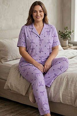 Fiyonk Detaylı Büyük Beden Kısa Kol Pijama Takımı Lila - IŞILAY