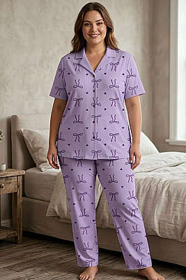 Fiyonk Detaylı Büyük Beden Kısa Kol Pijama Takımı Lila - Pijama