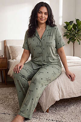 Fiyonk Detaylı Büyük Beden Kısa Kol Pijama Takımı Mint 