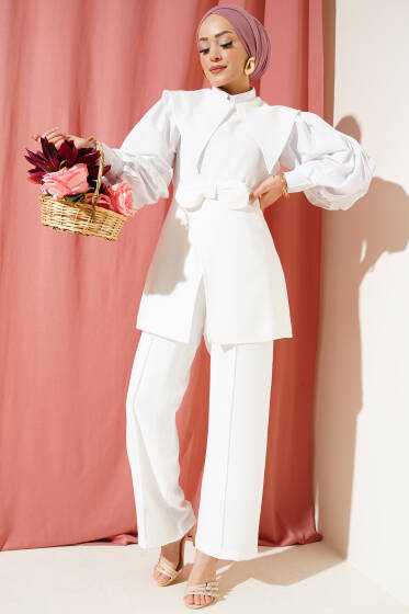 Fiyonk Detaylı Denizci Yaka İkili Takım Beyaz - İkili Takım