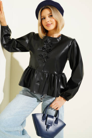 Fiyonk Detaylı Deri Ceket Siyah - Kadın Giyim Modelleri