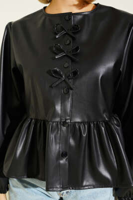 Fiyonk Detaylı Deri Ceket Siyah - Kadın Giyim Modelleri