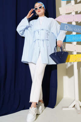 Fiyonk Detaylı Düğmeli Kimono Mavi - Dış Giyim&Mont