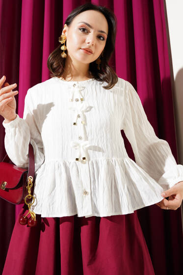 Fiyonk Detaylı Fırfırlı Kısa Gömlek Ekru - Gömlek