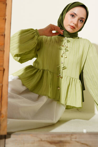 Fiyonk Detaylı Fırfırlı Kısa Gömlek Fıstık Yeşili - Gömlek