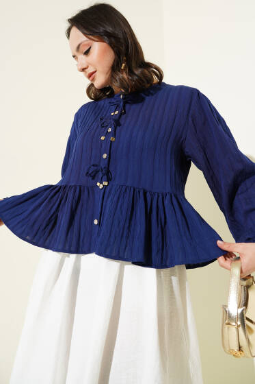 Fiyonk Detaylı Fırfırlı Kısa Gömlek Lacivert - Gömlek