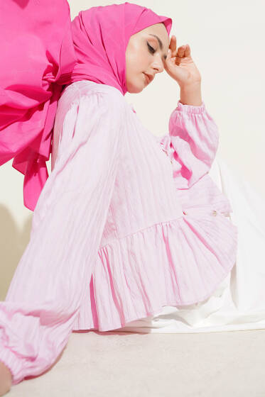 Fiyonk Detaylı Fırfırlı Kısa Gömlek Pembe - Gömlek