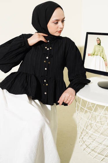 Fiyonk Detaylı Fırfırlı Kısa Gömlek Siyah - Gömlek
