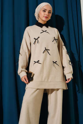 Fiyonk Detaylı Kaşe İkili Takım Bej - İkili Takım