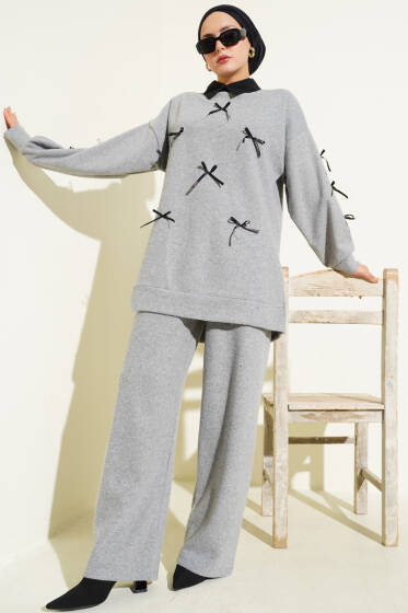 Fiyonk Detaylı Kaşe İkili Takım Gri - İkili Takım