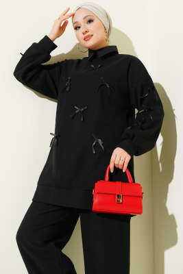 Fiyonk Detaylı Kaşe İkili Takım Siyah - İkili Takım