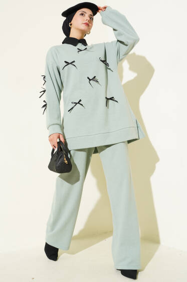 Fiyonk Detaylı Kaşe İkili Takım Su Yeşili - İkili Takım