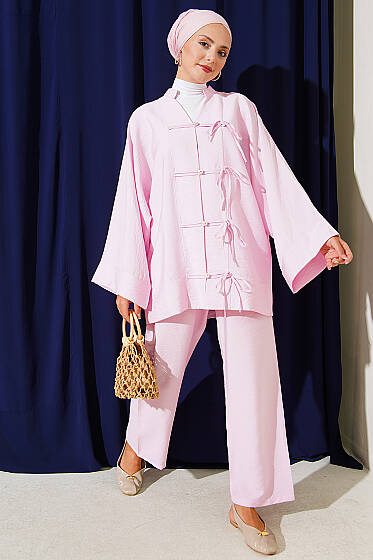 Fiyonk Detaylı Kimono İkili Takım Pembe - İkili Takım