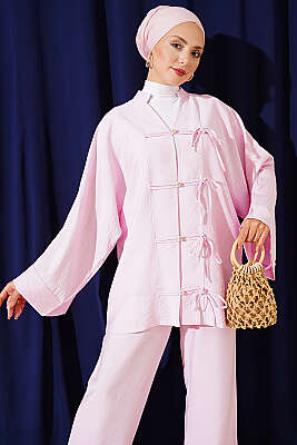 Fiyonk Detaylı Kimono İkili Takım Pembe - İkili Takım