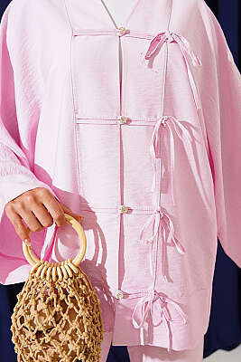 Fiyonk Detaylı Kimono İkili Takım Pembe - İkili Takım