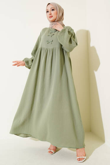 Fiyonk Detaylı Müslin Elbise Çağla Yeşili - Elbise