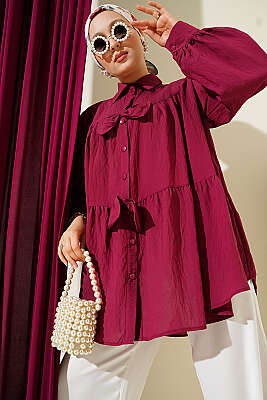 Fiyonk Detaylı Oversize Gömlek Bordo - TABLO FASHİON