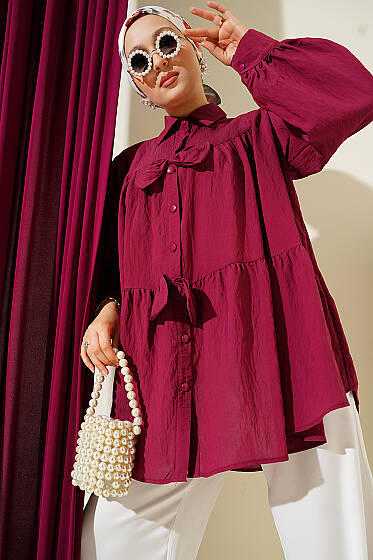 Fiyonk Detaylı Oversize Gömlek Bordo - Gömlek