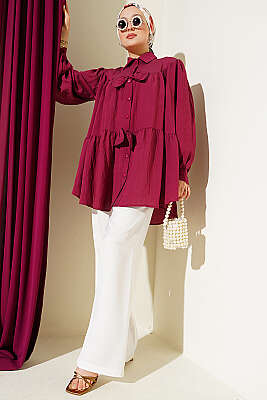 Fiyonk Detaylı Oversize Gömlek Bordo - Gömlek
