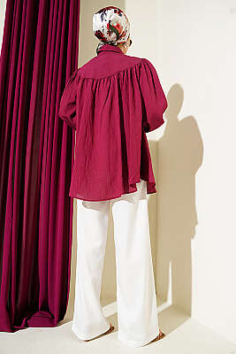 Fiyonk Detaylı Oversize Gömlek Bordo - Gömlek