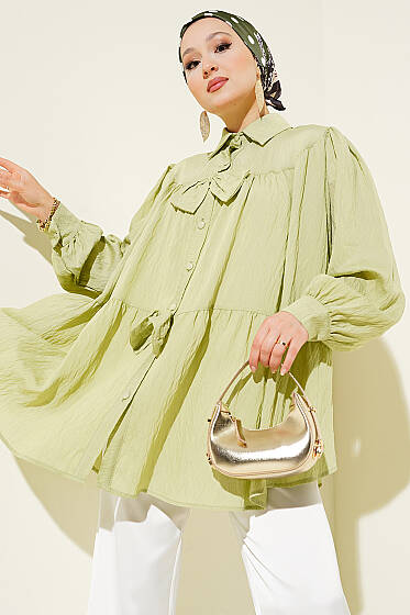 Fiyonk Detaylı Oversize Gömlek Çağla Yeşili - Gömlek