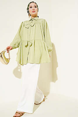 Fiyonk Detaylı Oversize Gömlek Çağla Yeşili - Gömlek