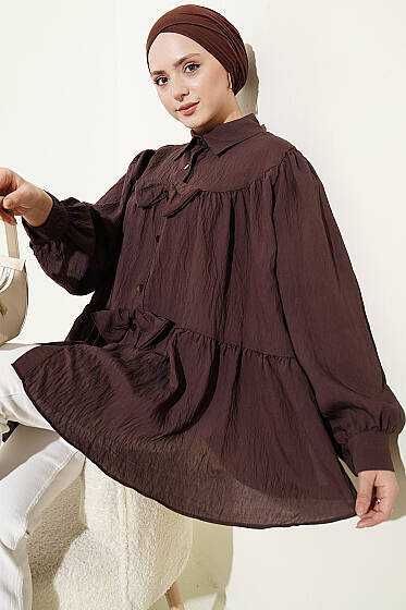 Fiyonk Detaylı Oversize Gömlek Kahve - Gömlek