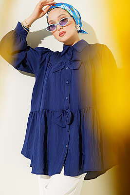 Fiyonk Detaylı Oversize Gömlek Lacivert - TABLO FASHİON