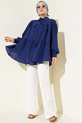 Fiyonk Detaylı Oversize Gömlek Lacivert - Gömlek