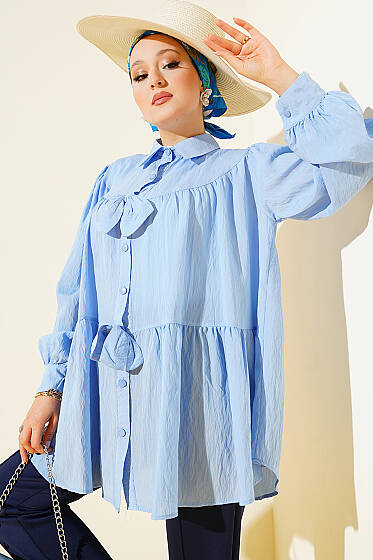 Fiyonk Detaylı Oversize Gömlek Mavi - 500-700 TL Ürünler