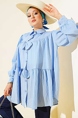 Fiyonk Detaylı Oversize Gömlek Mavi - TABLO FASHİON